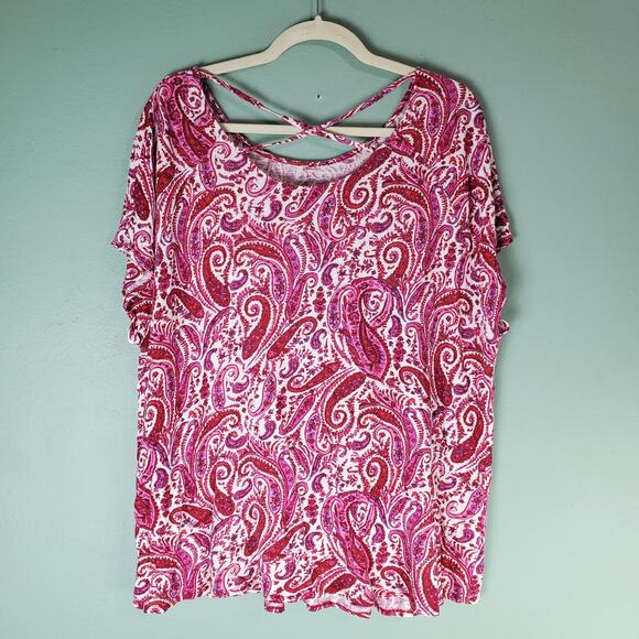 Lucky Brand Womens Pink Paisley Print Linen Blend Short Sleeve Top Size 2X Boho - Picture 1 of 7